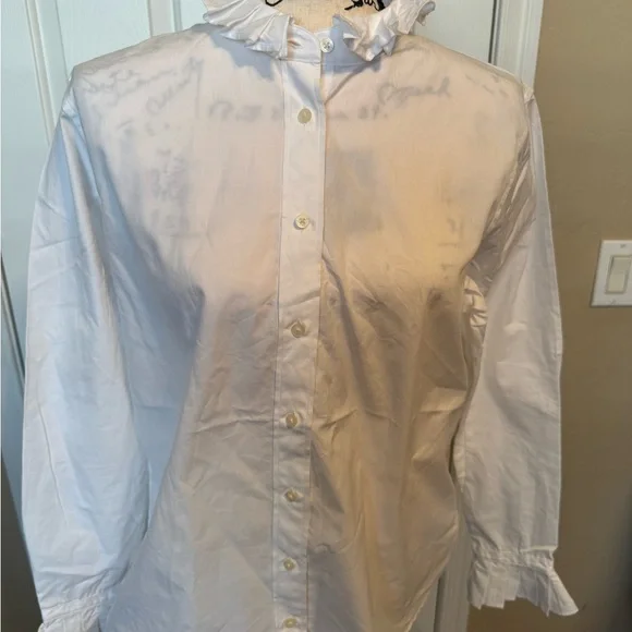 NWT Lauren Ralph Lauren Women’s White Button Down Shirt Ruffled Collar & Sleeves - Picture 1 of 10